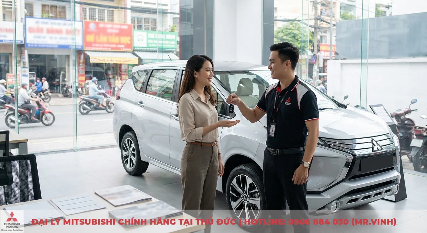 Xpander 2026 có gì mới - cập nhật điểm nổi bật và nâng cấp 4 Khách hàng nữ nhận chìa khóa Mitsubishi Xpander 2026 từ nhân viên tại showroom Mitsubishi Saigon 3S để trải nghiệm và đặt hàng sớm