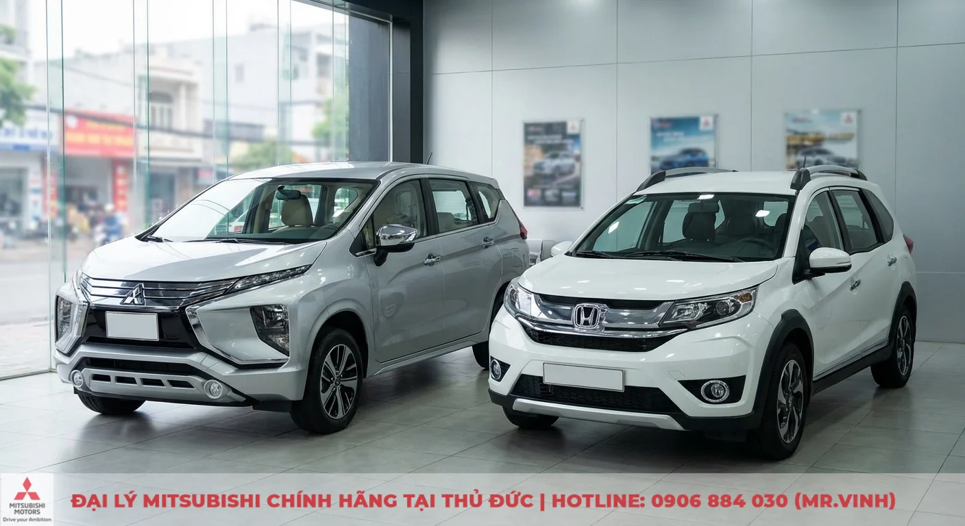 So sánh Xpander 2026 vs BR-V: Xe nào đáng mua hơn cho gia đình? 1 Mitsubishi Xpander bạc và Honda BR-V trắng, hai đối thủ MPV gia đình trưng bày tại showroom