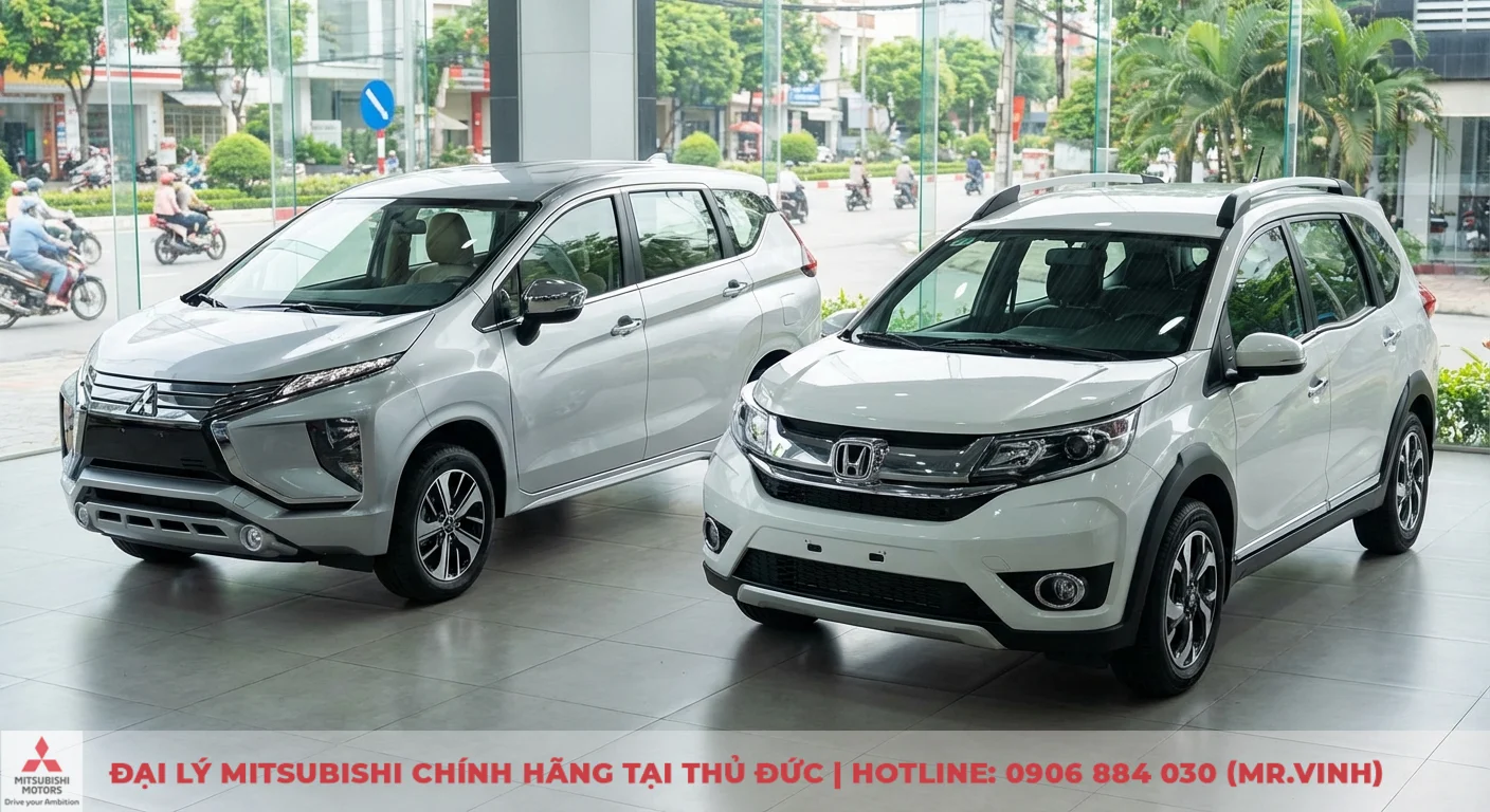 So sánh Xpander 2026 vs BR-V: Xe nào đáng mua hơn cho gia đình? 2 Mitsubishi Xpander 2026 và Honda BR-V hiện hành trưng bày cạnh nhau, so sánh chi tiết thiết kế ngoại thất hiện đại, thể thao