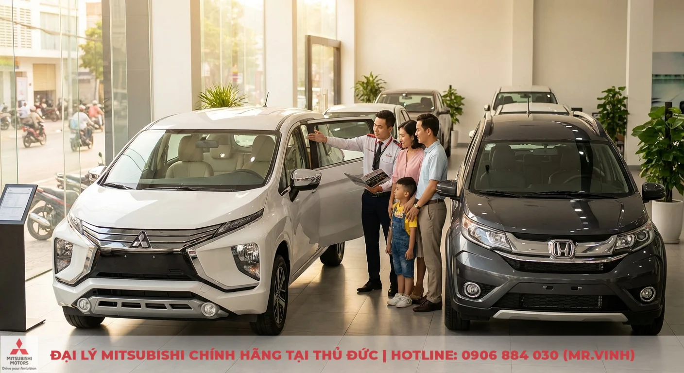 So sánh Xpander 2026 vs BR-V: Xe nào đáng mua hơn cho gia đình? 3 Gia đình khách hàng đang tham khảo Mitsubishi Xpander và Honda BR-V tại showroom để chọn xe đáng mua nhất