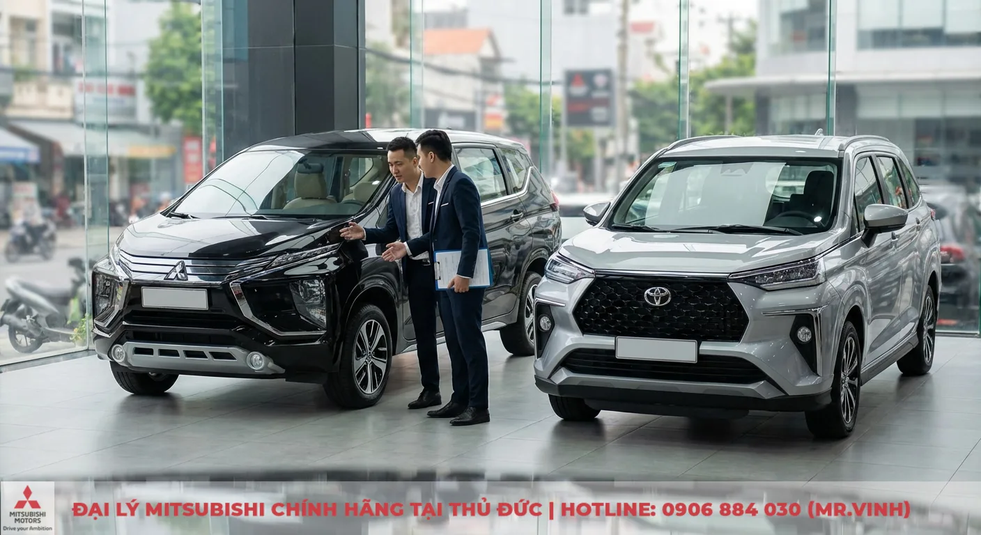 Xpander 2026 hay Veloz Cross? So sánh chi tiết từng khía cạnh 1 Mitsubishi Xpander và Toyota Veloz Cross trưng bày trong showroom, nhấn mạnh sự cạnh tranh phân khúc MPV