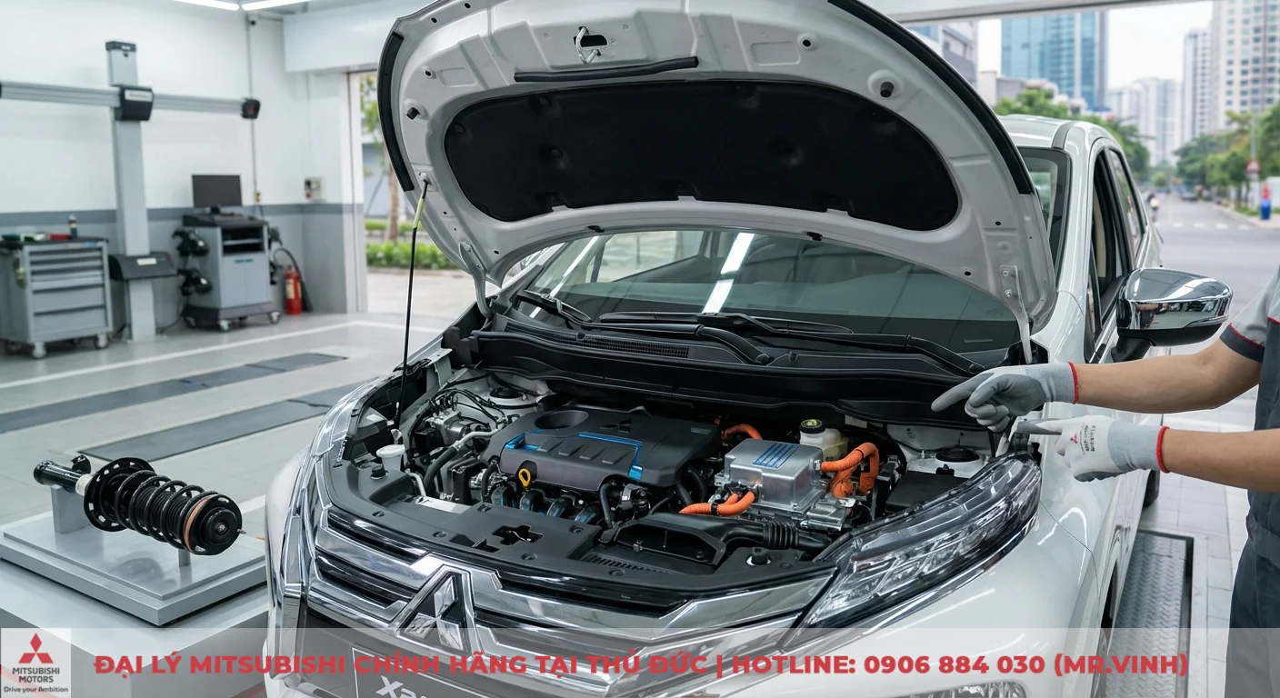 So sánh Xpander 2026 và XL7: Chọn xe nào cho gia đình? 4 Kỹ thuật viên kiểm tra động cơ hybrid và hệ thống treo Xpander 2026, minh họa khả năng vận hành và tiết kiệm nhiên liệu