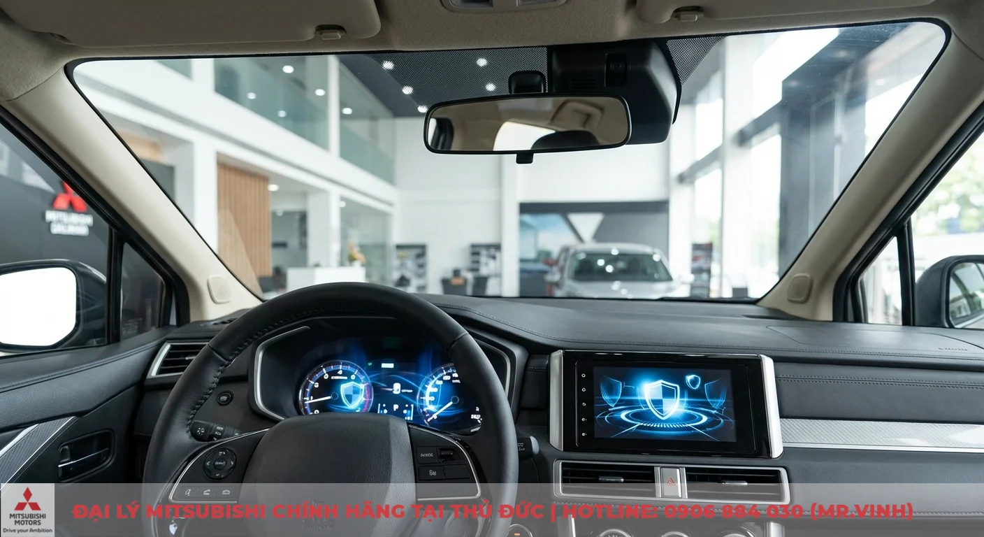 So sánh Xpander 2026 và XL7: Chọn xe nào cho gia đình? 5 Nội thất Xpander 2026 với màn hình kỹ thuật số hiển thị biểu tượng an toàn, thể hiện công nghệ hỗ trợ lái