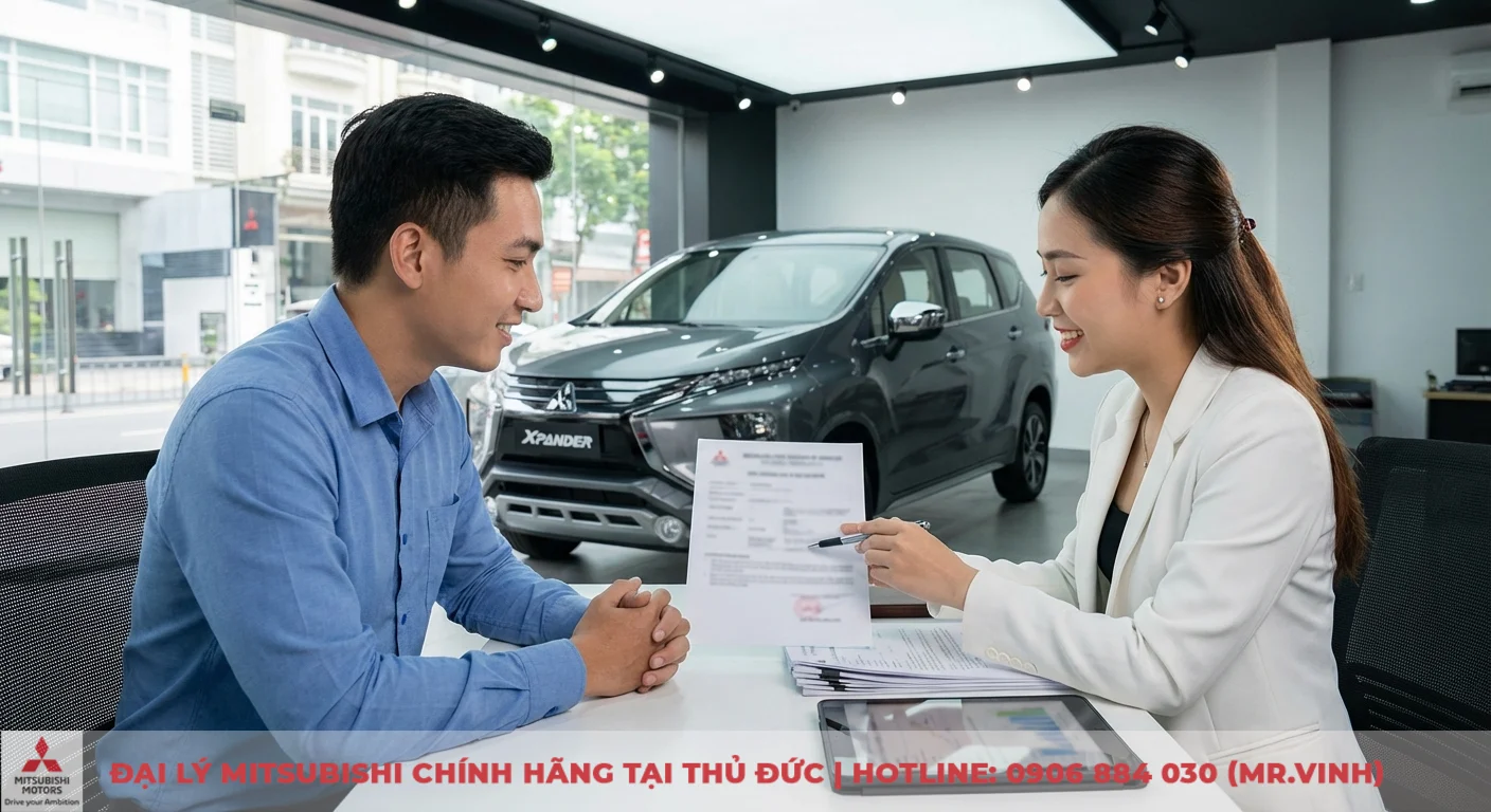 So sánh Xpander 2026 và XL7: Chọn xe nào cho gia đình? 6 Khách hàng thảo luận chính sách mua xe trả góp và ưu đãi với chuyên viên Mitsubishi Saigon 3S tại showroom