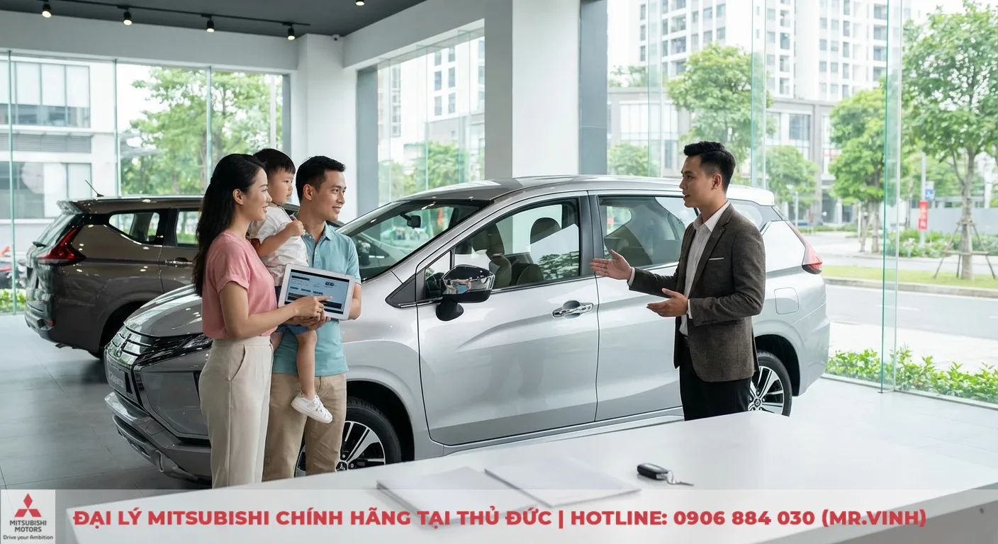 So sánh Xpander 2026 và XL7: Chọn xe nào cho gia đình? 7 Gia đình thảo luận về Xpander mới tại showroom, tìm hiểu các tính năng công nghệ và sự thoải mái cho MPV