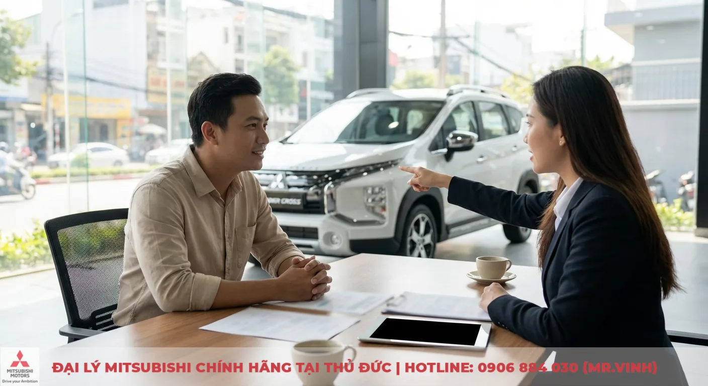 Xpander Cross 2026 có gì mới - Điểm nổi bật và nâng cấp 4 Khách hàng và tư vấn viên Mitsubishi Saigon 3S thảo luận chi tiết về xe Xpander Cross, giá bán dự kiến và ưu đãi