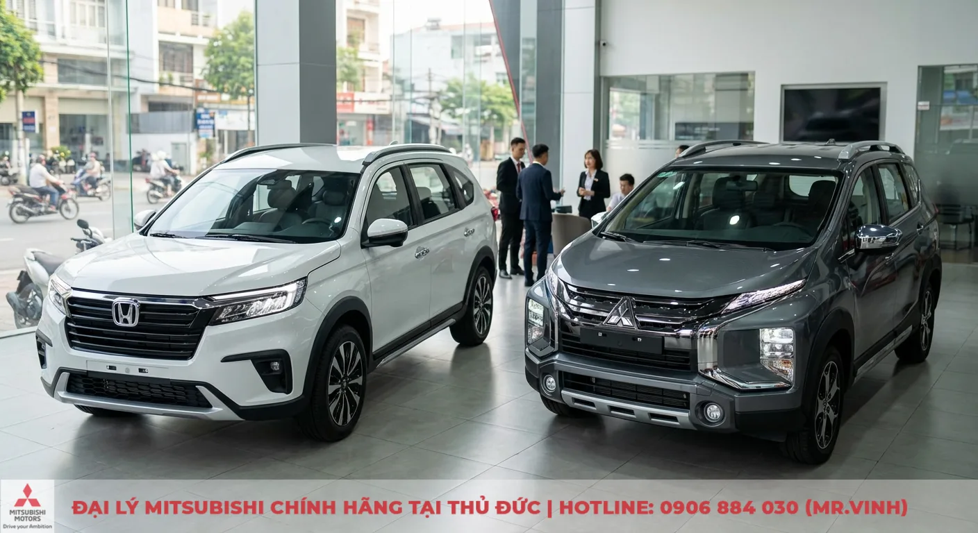 Xpander Cross 2026 và BR-V: So sánh chi tiết, xe nào đáng mua? 2 Honda BR-V màu trắng trưng bày, ngoại thất hiện đại, mạnh mẽ với lưới tản nhiệt lớn, đèn pha LED sắc sảo