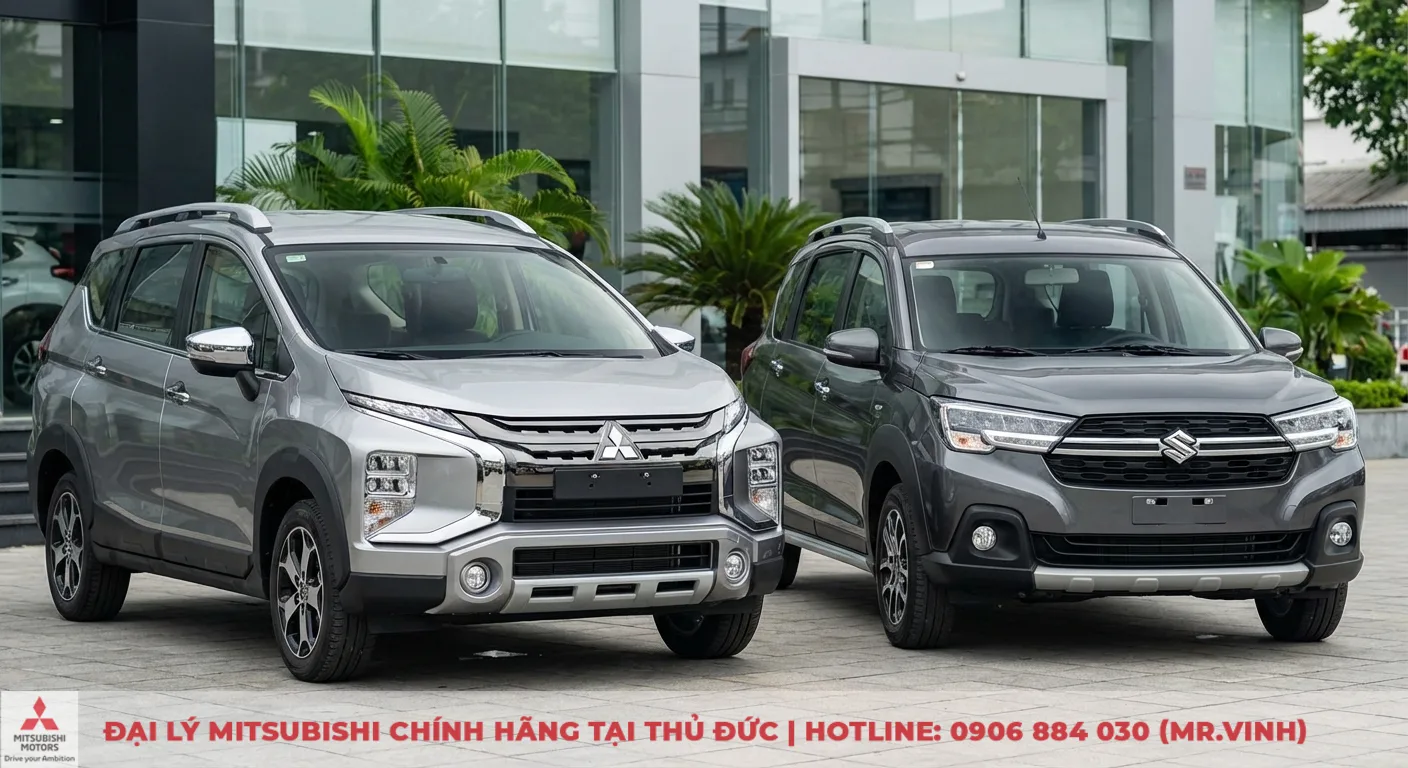 So sánh Xpander Cross 2026 và XL7: Chọn xe nào hợp gia đình? 1 Ngoại thất Xpander Cross Dynamic Shield màu bạc và Suzuki XL7 màu xám thể hiện thiết kế SUV mạnh mẽ, cứng cáp