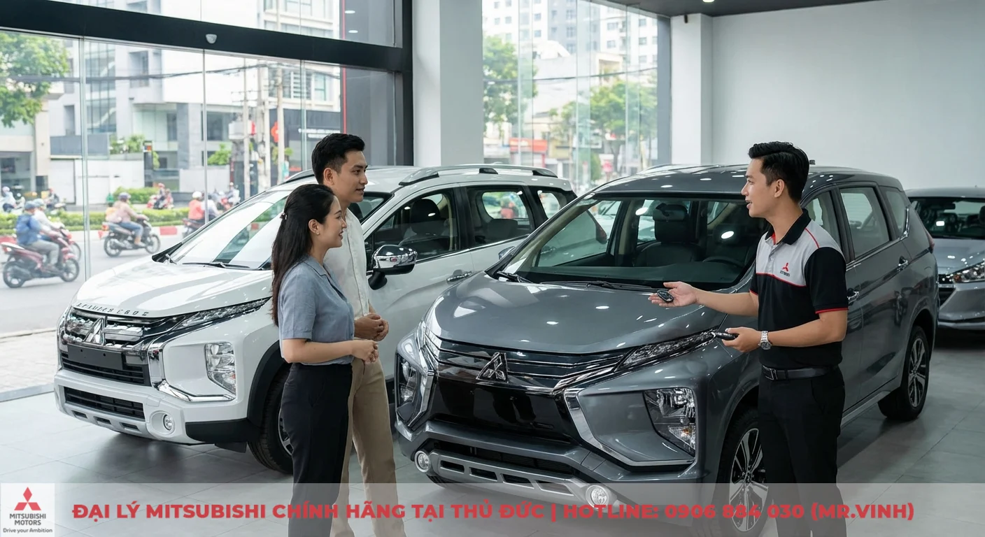 So sánh Xpander Cross 2026 và XL7: Chọn xe nào hợp gia đình? 2 Cặp đôi được nhân viên tư vấn về Mitsubishi Xpander Cross tại showroom, giúp chọn xe phù hợp cho gia đình