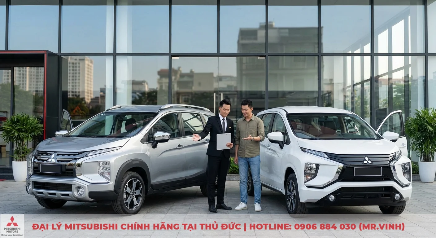 So sánh Xpander Cross 2026 và Xpander 2026: Lựa chọn nào phù hợp? 1 Mitsubishi Xpander 2026 màu trắng và Xpander Cross 2026 màu bạc được trưng bày, tư vấn viên giới thiệu cho khách hàng