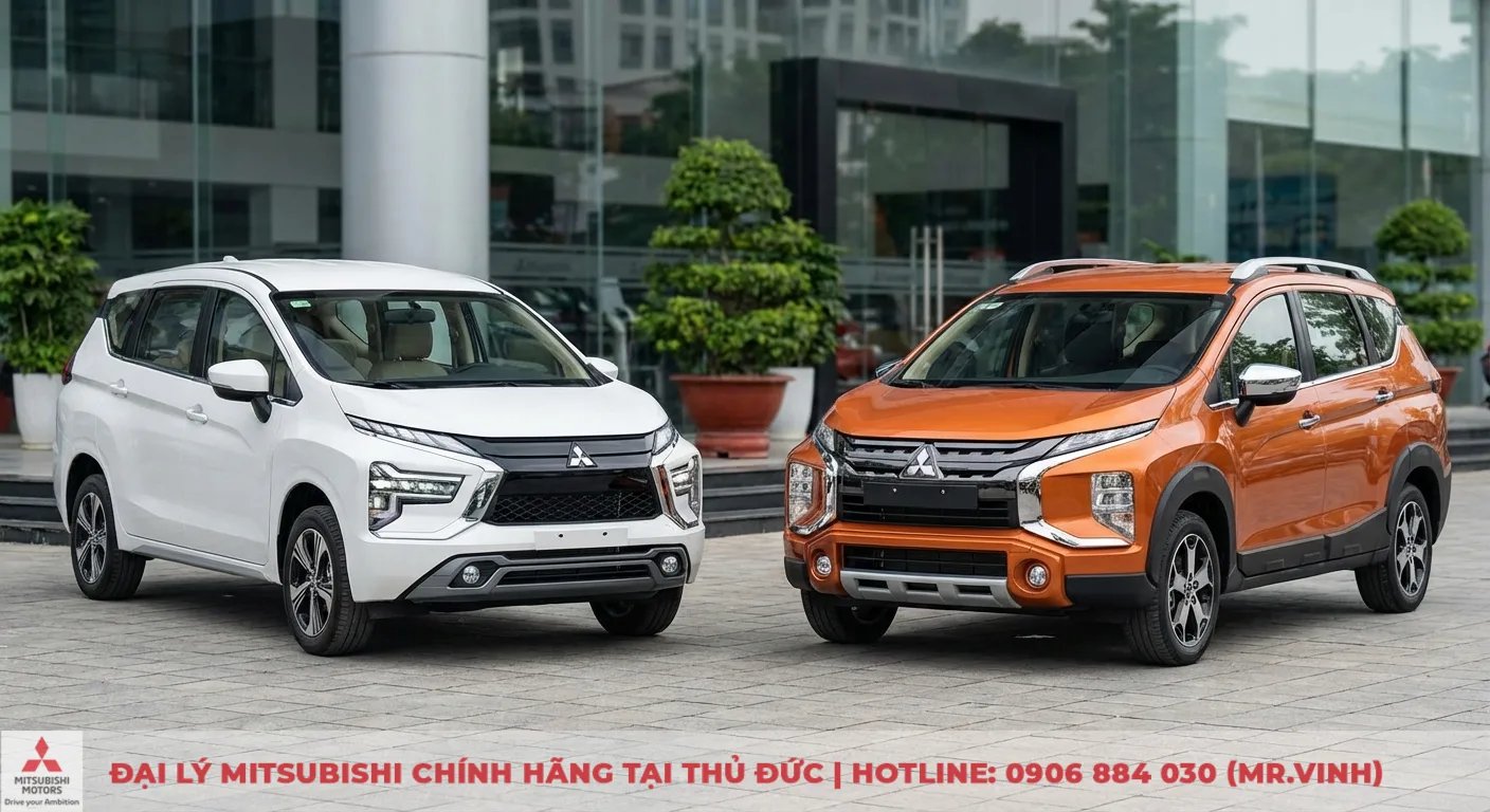 So sánh Xpander Cross 2026 và Xpander 2026: Lựa chọn nào phù hợp? 2 Mitsubishi Xpander 2026 màu trắng và Xpander Cross 2026 màu cam so sánh thiết kế ngoại thất MPV và SUV