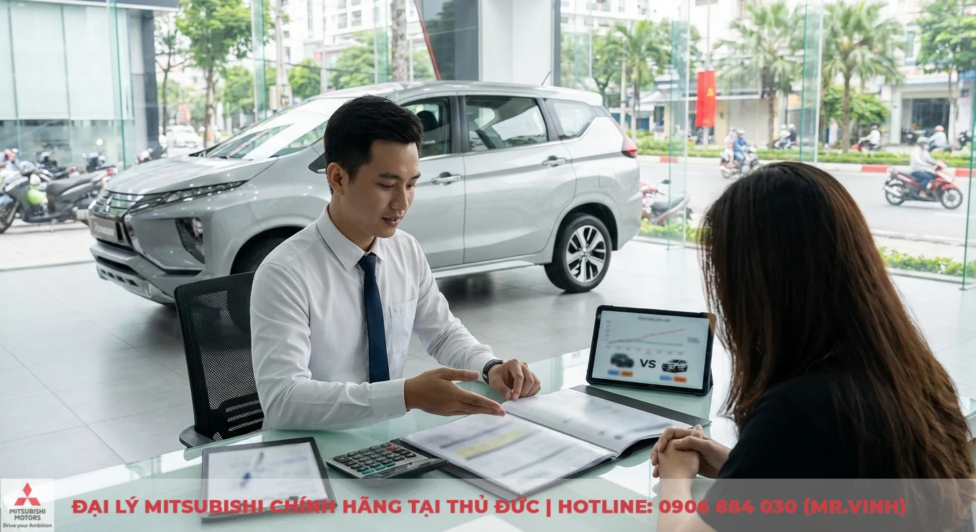 So sánh Xpander Cross 2026 và Xpander 2026: Lựa chọn nào phù hợp? 3 Tư vấn viên giới thiệu giá lăn bánh và ưu đãi xe Xpander tại đại lý Mitsubishi TP.HCM/Thủ Đức, hiển thị thông tin trên máy tính bảng