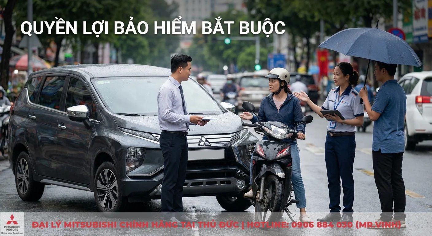 Bảo hiểm bắt buộc xe ô tô: Quyền lợi, hồ sơ & quy trình bồi thường 2 Bảo hiểm bắt buộc đảm bảo quyền lợi bồi thường nhanh chóng cho người bị nạn, với nhân viên bảo hiểm đang đánh giá hiện trường tai nạn ô tô và xe máy