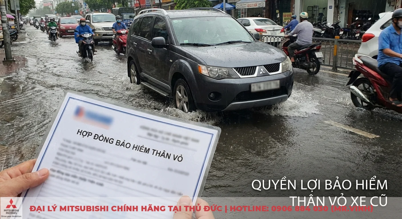 Bảo hiểm thân vỏ xe ô tô cũ: quyền lợi, hồ sơ, quy trình bồi thường 3 Quyền lợi bảo hiểm thân vỏ xe ô tô cũ chi trả thiệt hại do thủy kích, với xe SUV đi qua đường ngập và hợp đồng trên tay