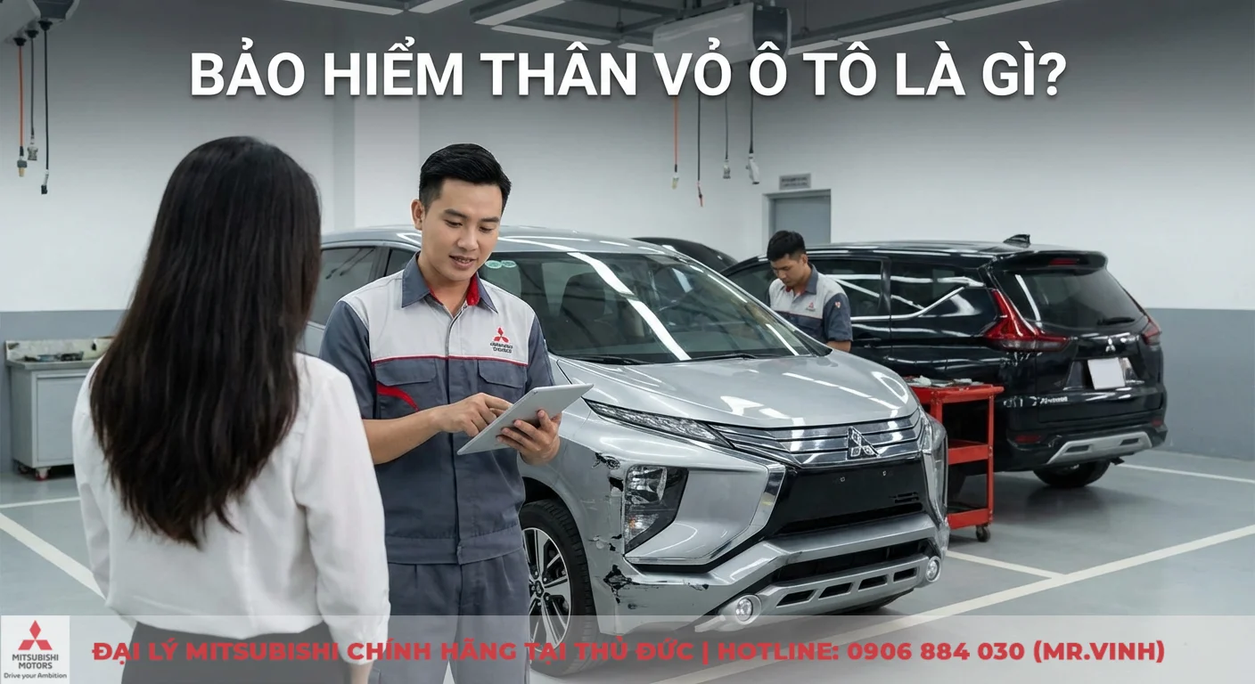 Bảo hiểm thân vỏ xe ô tô giá bao nhiêu? Bảng giá, so sánh phí 2026 5 Cách tính phí bảo hiểm thân vỏ xe ô tô được nhân viên tư vấn trên tablet, minh họa công thức cụ thể cùng xe Mitsubishi Xpander tại showroom