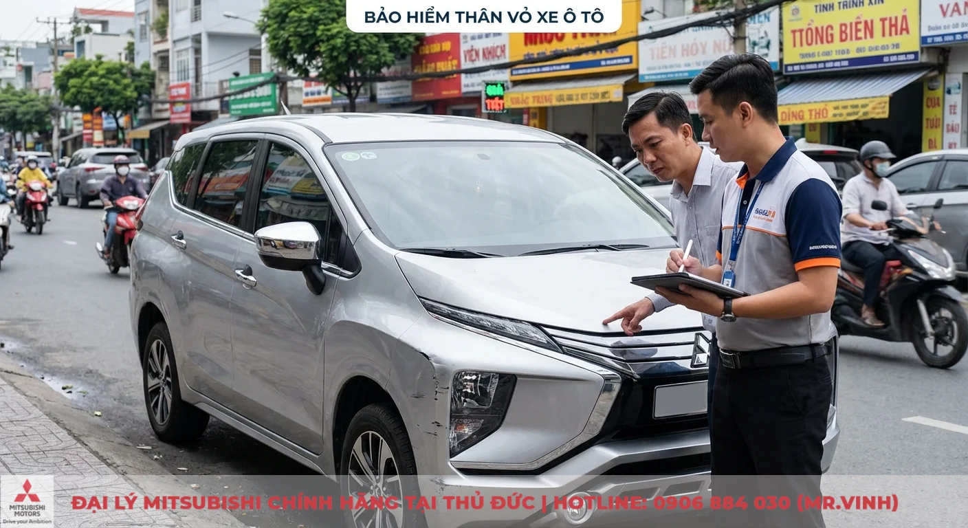 Bảo hiểm thân vỏ xe ô tô là gì: quyền lợi, loại trừ và bồi thường 1 Bảo hiểm thân vỏ xe ô tô chi trả sửa chữa khi xe bị hư hại do tai nạn, nhân viên bảo hiểm đang giám định các vết xước