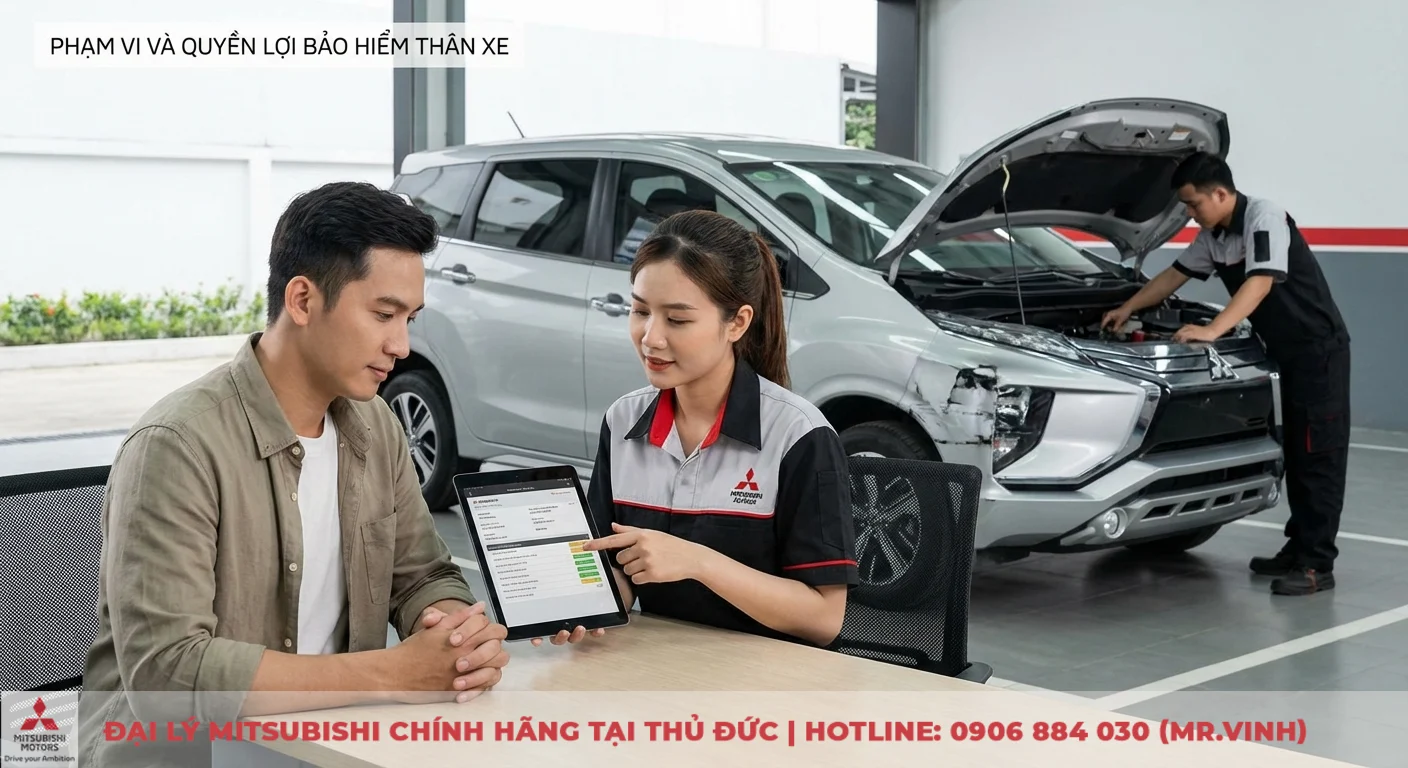 Bảo hiểm thân xe ô tô: Quyền lợi, bồi thường, so sánh gói 2 Phạm vi và quyền lợi bảo hiểm thân xe ô tô được nhân viên dịch vụ tư vấn chi tiết trên máy tính bảng khi xe hư hỏng được kiểm tra tại xưởng
