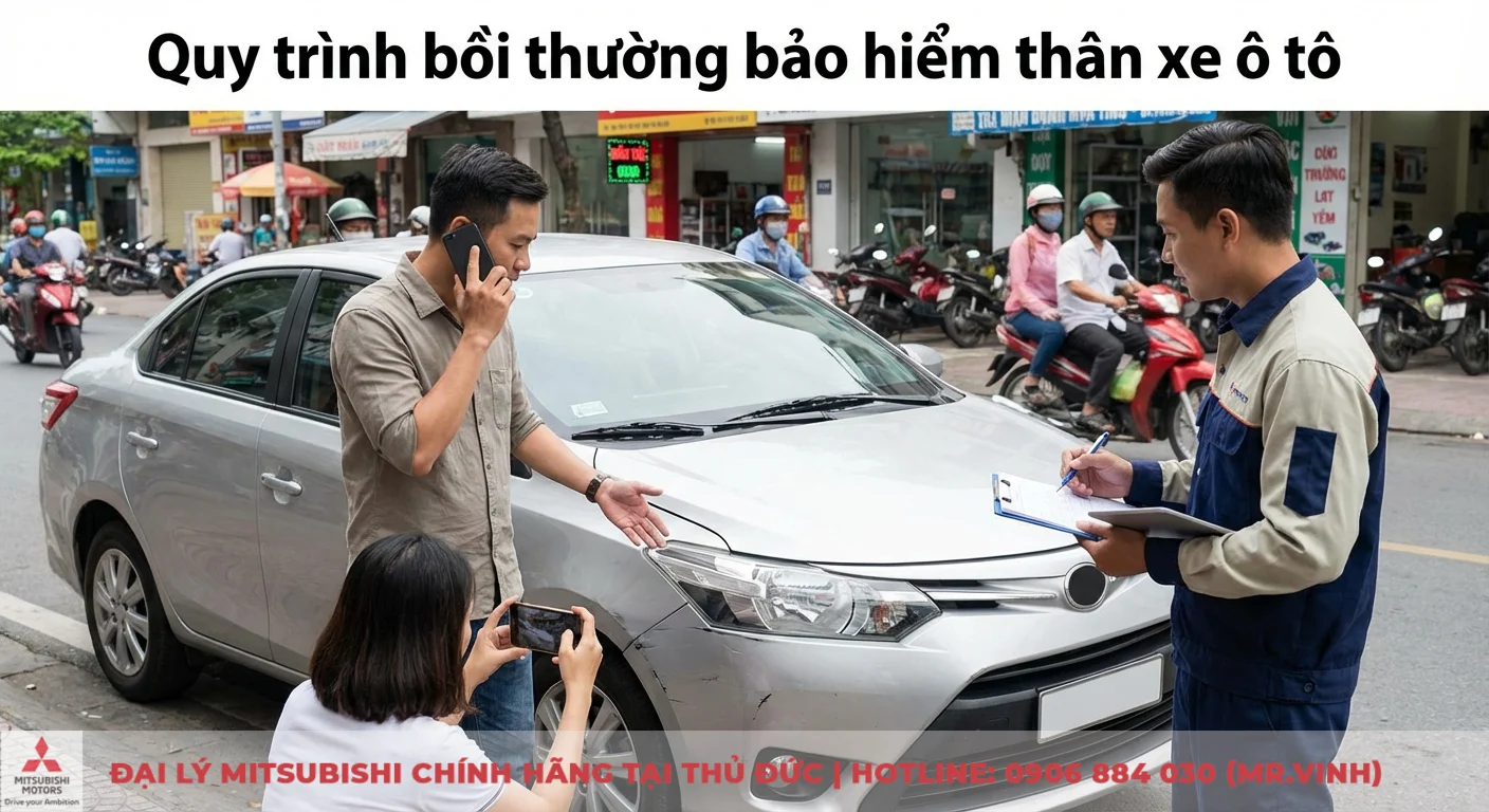 Bảo hiểm thân xe ô tô: Quyền lợi, bồi thường, so sánh gói 3 Quy trình bồi thường bảo hiểm thân xe ô tô: giám định viên kiểm tra thiệt hại xe bị xước, chủ xe gọi điện khai báo