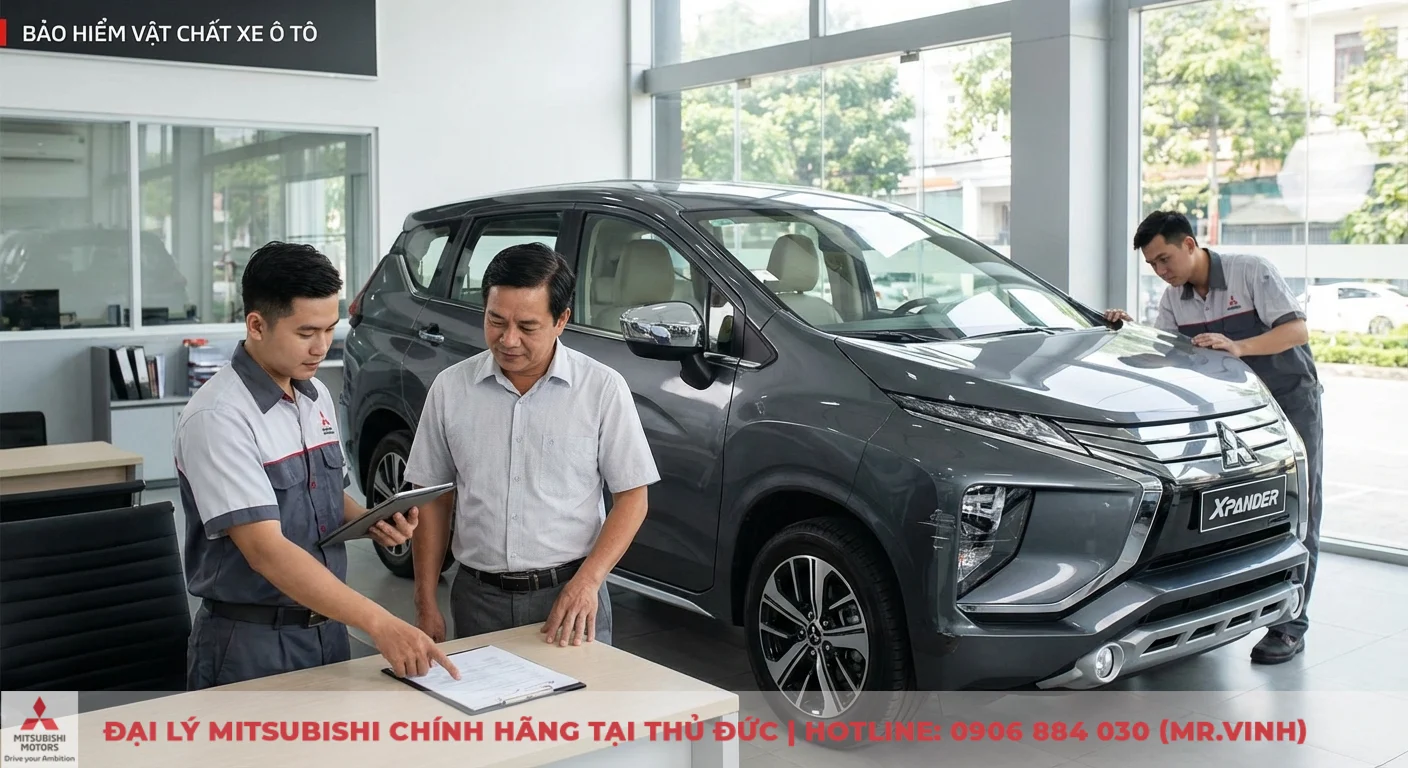 Bảo hiểm vật chất xe ô tô: Phạm vi, quyền lợi & quy trình bồi thường 1 Bảo hiểm vật chất xe ô tô bảo vệ tài sản khỏi tổn thất, khách hàng được tư vấn tại showroom Mitsubishi