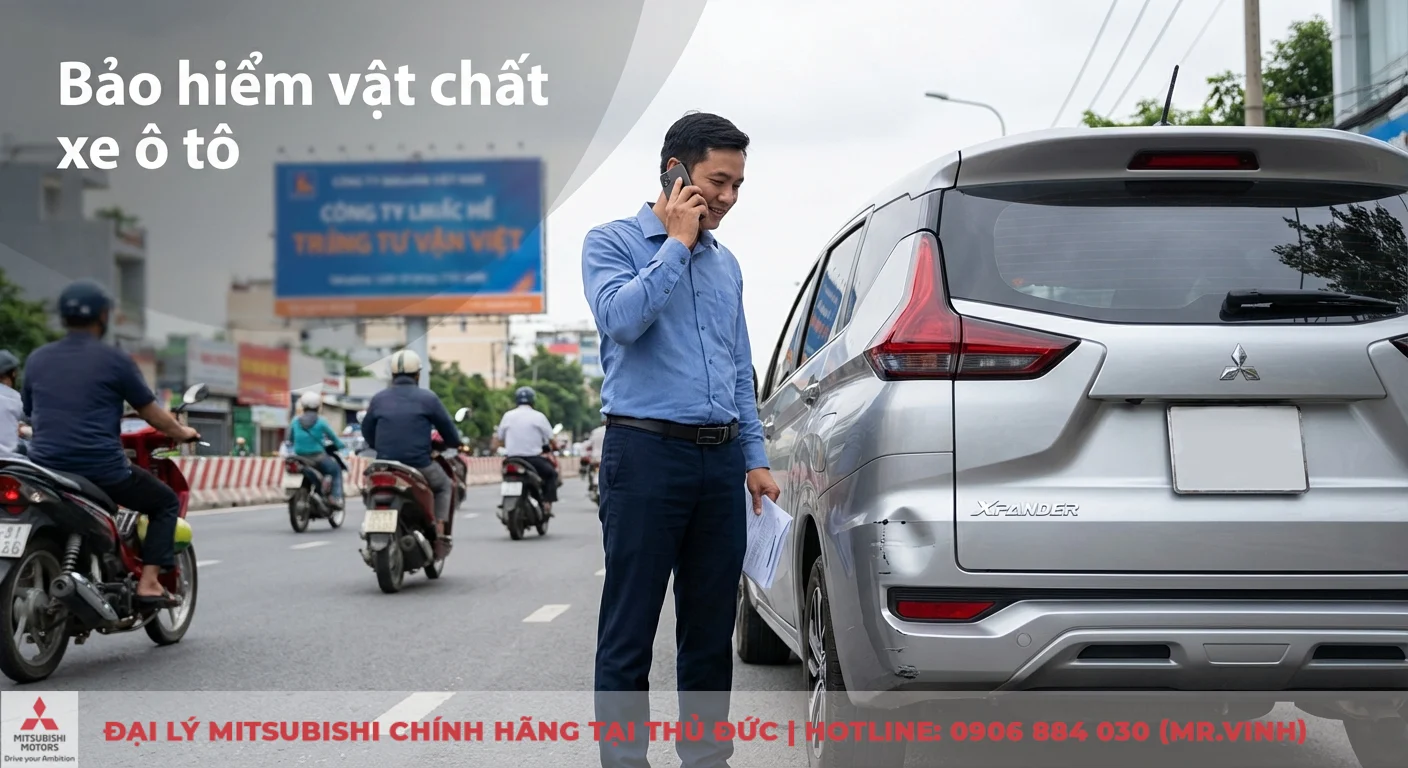Bảo hiểm vật chất xe ô tô giá bao nhiêu: Bảng phí, cách tính & báo giá cập nhật 2026 1 Bảo hiểm vật chất xe ô tô giảm gánh nặng tài chính khi xe hư hại do va chạm, người chủ đang gọi điện giải quyết sự cố
