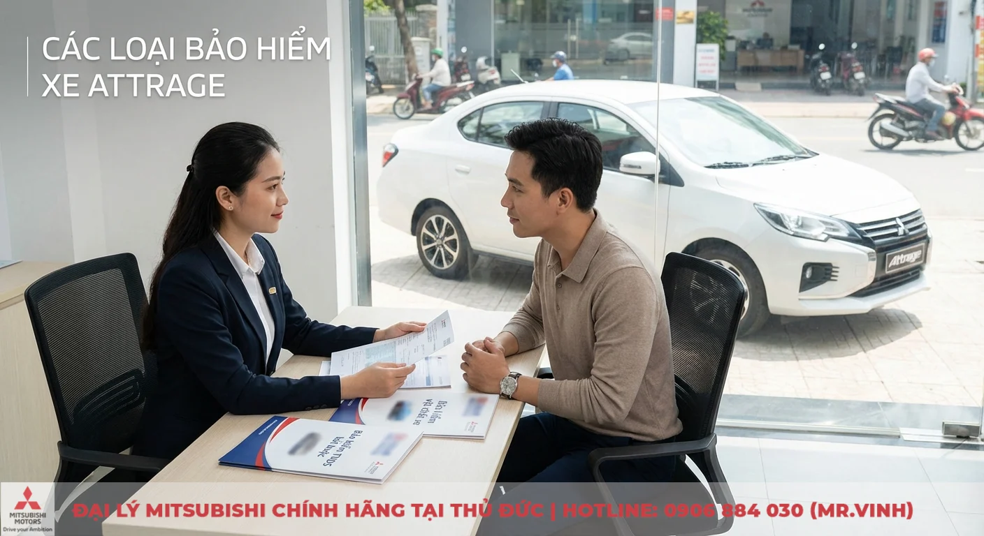Bảo hiểm xe Attrage: Quyền lợi, chi phí và quy trình bồi thường 1 Bảo hiểm xe Attrage: hai loại chính là trách nhiệm dân sự và vật chất, được tư vấn viên giới thiệu cho khách hàng tại showroom