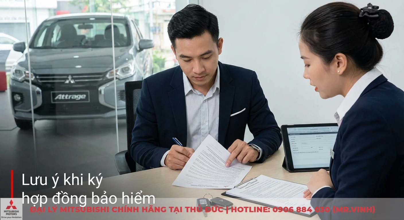 Bảo hiểm xe Attrage: Quyền lợi, chi phí và quy trình bồi thường 2 Lưu ý khi ký hợp đồng bảo hiểm xe Attrage: khách hàng xem kỹ điều khoản trên hợp đồng giấy cùng tư vấn viên