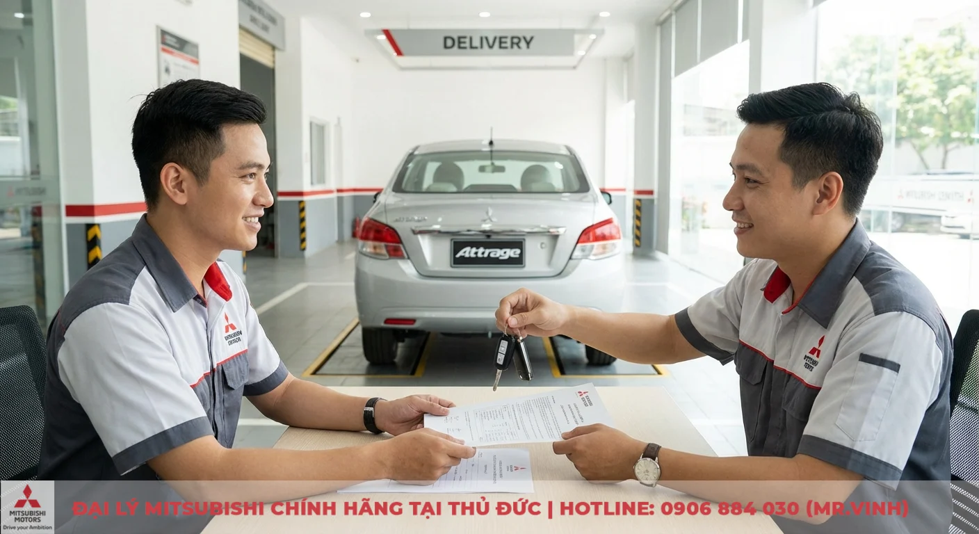 Bảo hiểm xe Attrage: Quyền lợi, chi phí và quy trình bồi thường 3 Bồi thường bảo hiểm xe Attrage đã hoàn tất, khách hàng nhận bàn giao giấy tờ và chìa khóa xe
