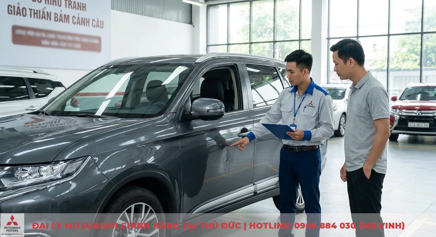 Bảo hiểm xe ô tô 1 chiều: Hướng dẫn quyền lợi, so sánh & cách mua 1 Bảo hiểm xe ô tô 1 chiều chi trả hư hỏng do tai nạn, va chạm, nhân viên tư vấn đang chỉ vết móp trên thân xe
