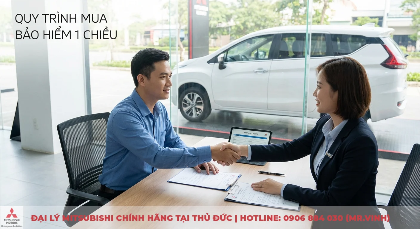Bảo hiểm xe ô tô 1 chiều: Hướng dẫn quyền lợi, so sánh & cách mua 3 Quy trình mua bảo hiểm 1 chiều: khách hàng hoàn tất thủ tục, ký hợp đồng tại đại lý Mitsubishi