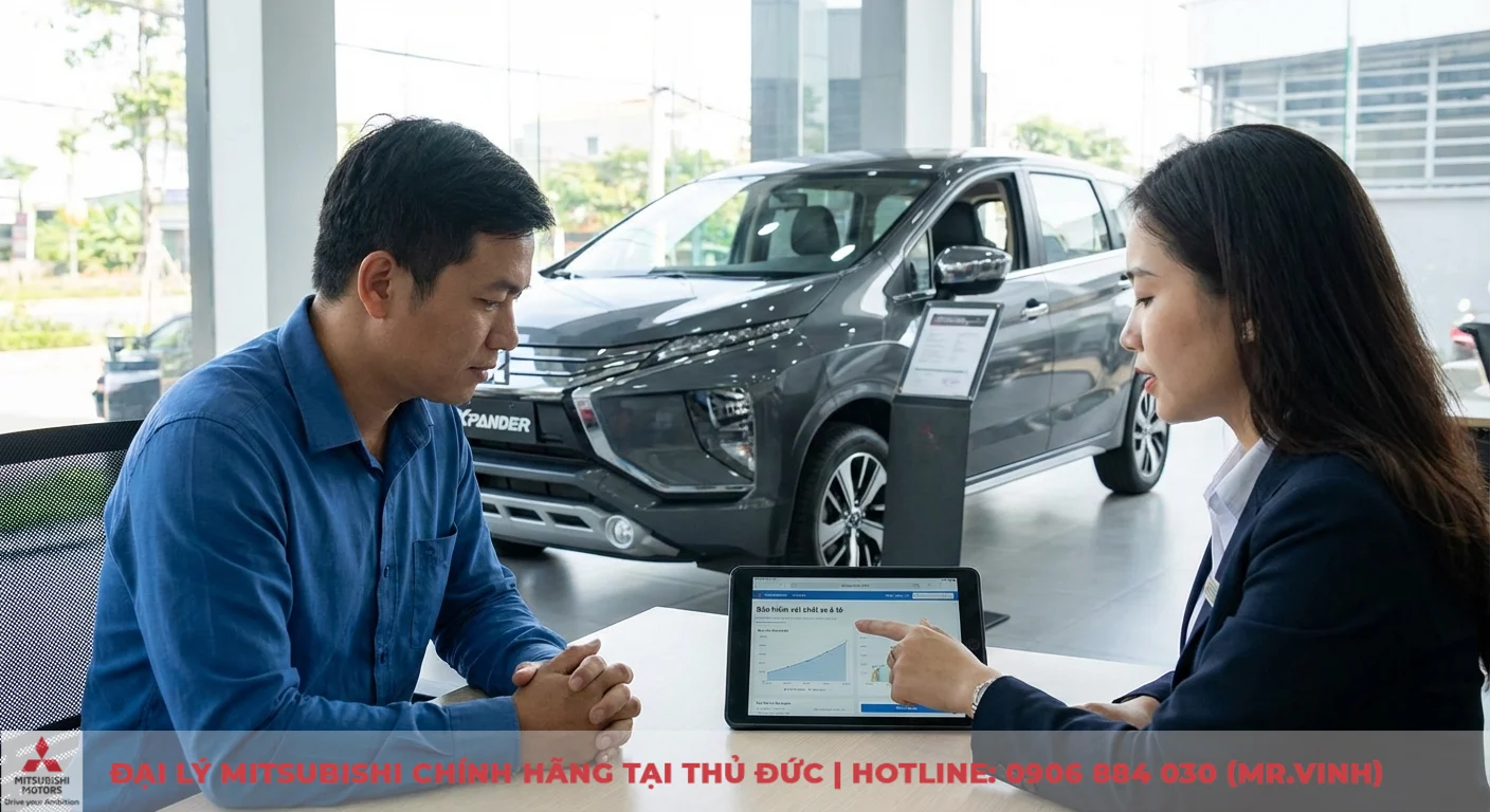 Bảo hiểm xe ô tô bao nhiêu tiền: hướng dẫn chi phí & cách tính 2026 2 Chi phí bảo hiểm xe ô tô bị ảnh hưởng bởi loại xe và giá trị, được tư vấn qua biểu đồ trên máy tính bảng trong showroom