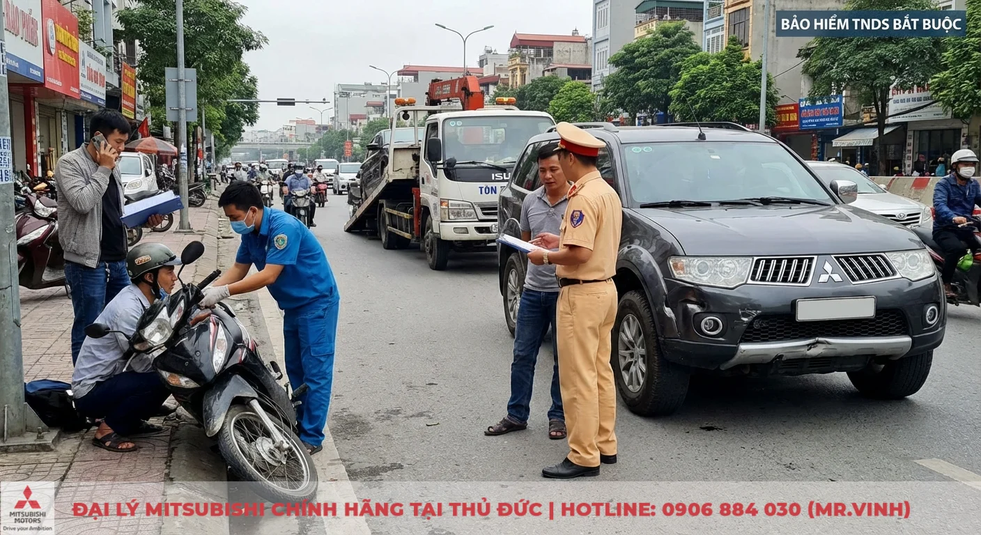 Bảo hiểm xe ô tô bắt buộc: Phí, quy trình mua & bồi thường 2 Bảo hiểm bắt buộc xe ô tô chi trả thiệt hại do tai nạn, với cảnh sát và xe cứu hộ có mặt tại hiện trường va chạm xe