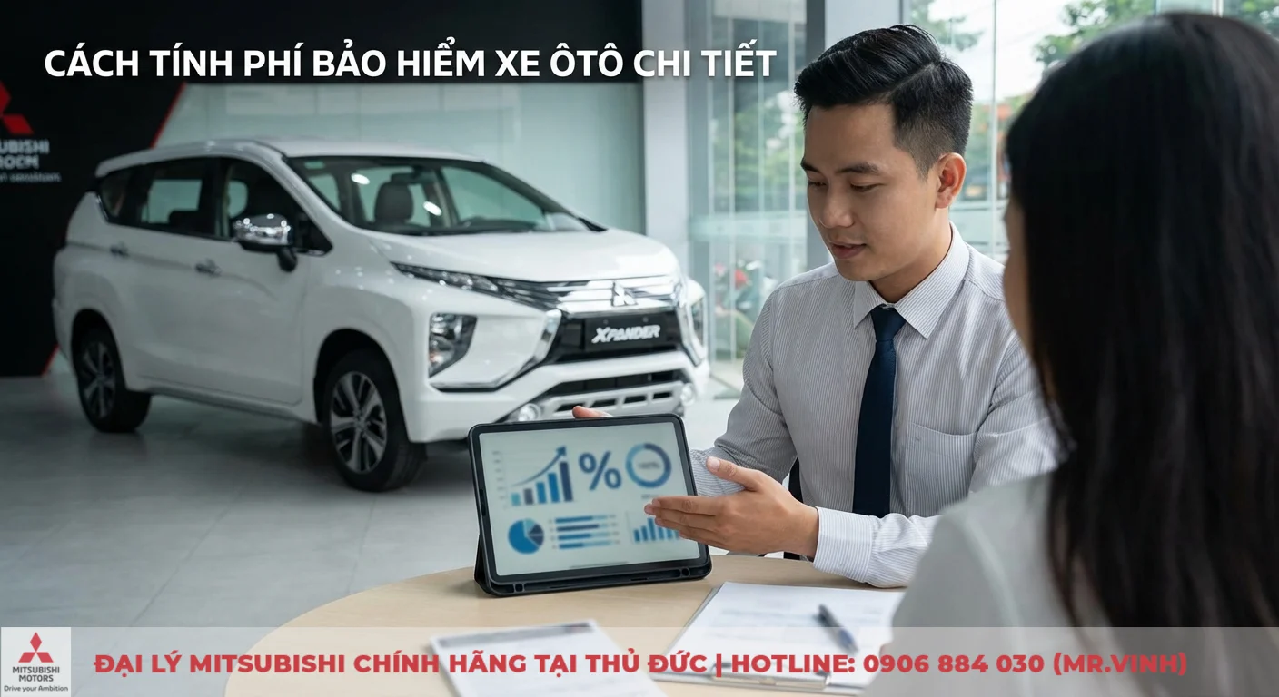 Bảo hiểm xe ô tô giá bao nhiêu: cập nhật giá, cách tính & nơi mua 3 Phí bảo hiểm xe ô tô được tính toán chi tiết dựa trên các yếu tố, tư vấn viên đang trình bày dữ liệu trên máy tính bảng với xe Xpander trong nền