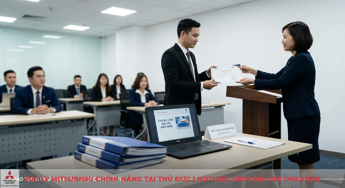 Đại lý bảo hiểm xe ô tô: Điều kiện, quy trình & lợi ích 2026 2 Để trở thành đại lý bảo hiểm ô tô cần có chứng chỉ đại lý, như người đang nhận chứng chỉ và laptop hiển thị thông tin chứng chỉ