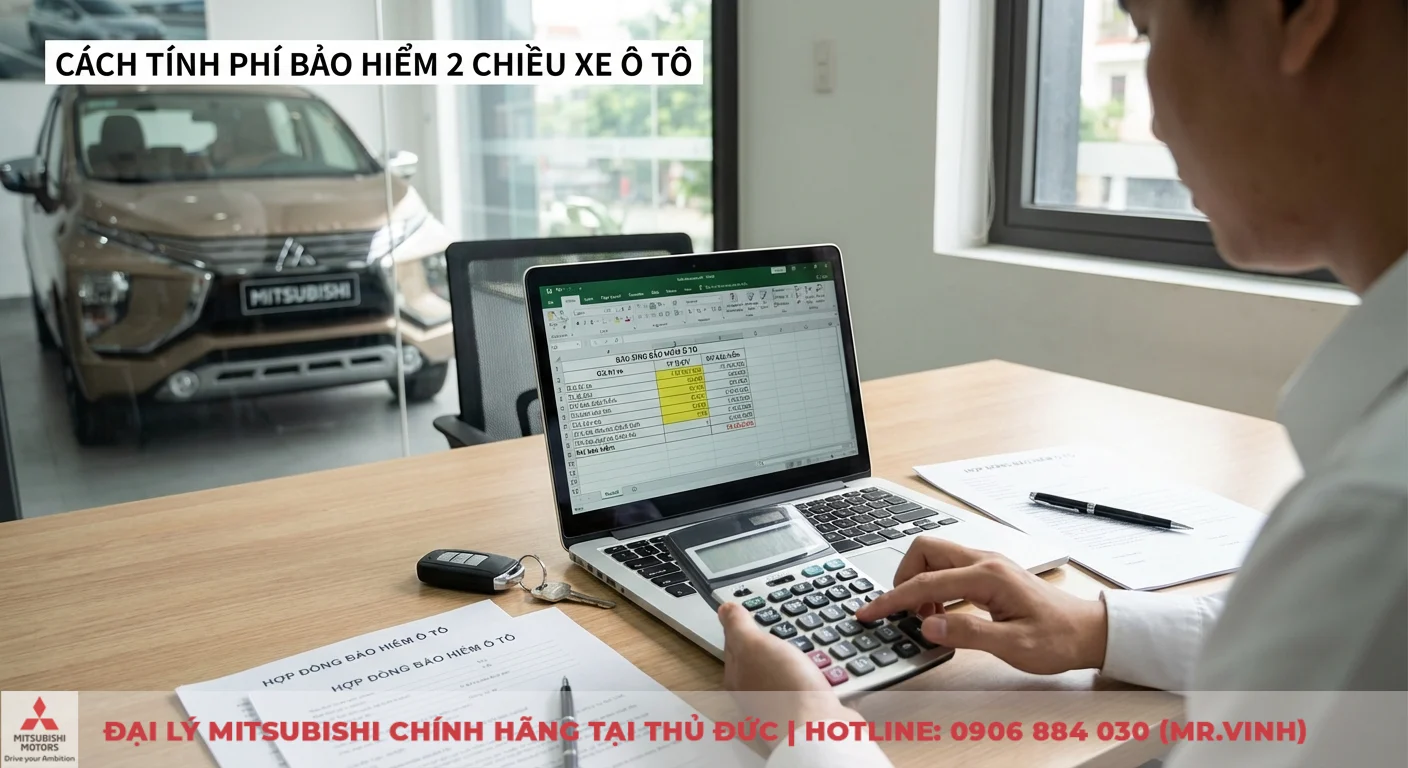 Giá bảo hiểm 2 chiều xe ô tô: Cách tính & so sánh phí cập nhật 2026 3 Cách tính phí bảo hiểm 2 chiều xe ô tô dựa trên giá trị xe và tỷ lệ phí được thể hiện qua bảng tính Excel, máy tính và hợp đồng bảo hiểm