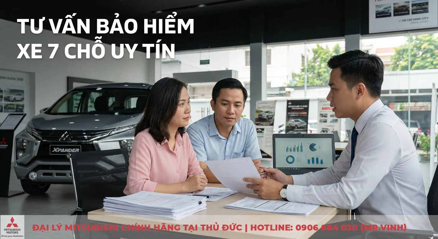 Phí bảo hiểm xe ô tô 7 chỗ: cách tính và mức phí 1 năm, cập nhật 2026 3 Tư vấn bảo hiểm xe 7 chỗ uy tín tại Mitsubishi Saigon 3S, chuyên viên đang trao đổi chi tiết với khách hàng