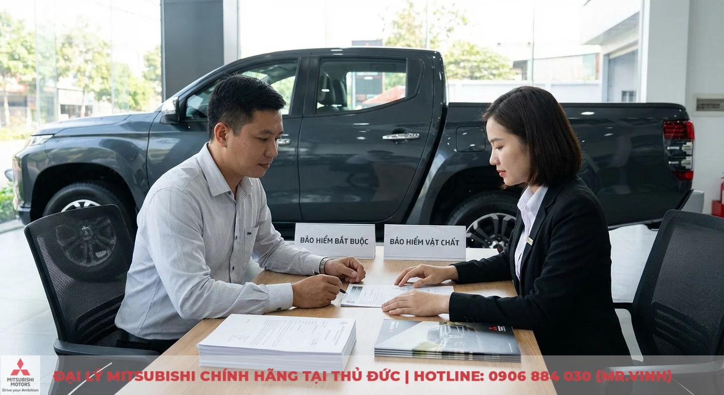 Phí bảo hiểm xe Triton: Cách tính chi phí bắt buộc & vật chất 2026 1 Bảo hiểm xe Mitsubishi Triton gồm bảo hiểm bắt buộc và vật chất được khách hàng tìm hiểu tại showroom