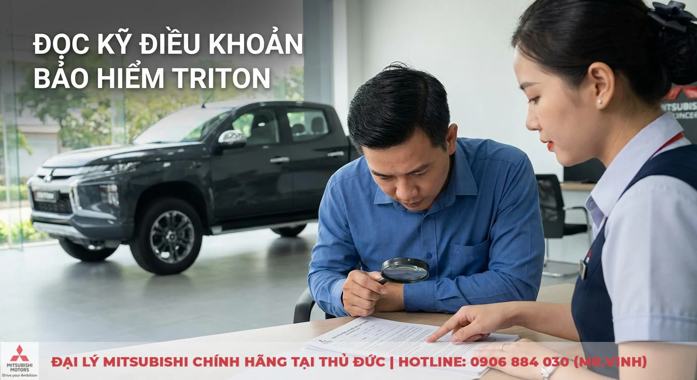 Phí bảo hiểm xe Triton: Cách tính chi phí bắt buộc & vật chất 2026 3 Điều khoản bảo hiểm xe Triton: khách hàng đọc kỹ hợp đồng bằng kính lúp, được tư vấn viên giải thích rõ ràng