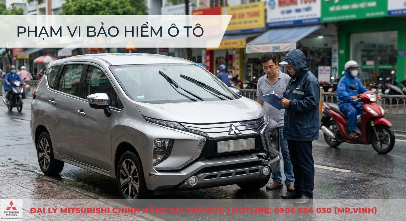 Quy định bảo hiểm vật chất xe ô tô: luật, hướng dẫn bồi thường 2026 2 Phạm vi bảo hiểm ô tô bao gồm hư hỏng do tai nạn, có nhân viên bảo hiểm đang ghi nhận hiện trường xe bị va chạm nhẹ