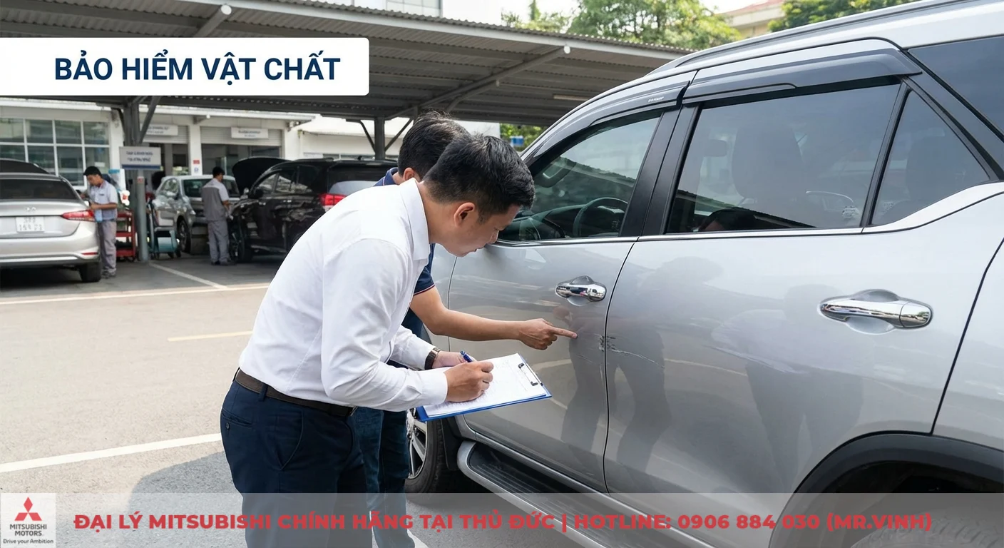 Xước xe ô tô có được bảo hiểm không: quyền lợi, hồ sơ, quy trình bồi thường 1 Bảo hiểm vật chất xe ô tô là nền tảng quyền lợi khi xe bị xước, với chuyên viên đang kiểm tra và ghi nhận thiệt hại vật chất trên thân xe