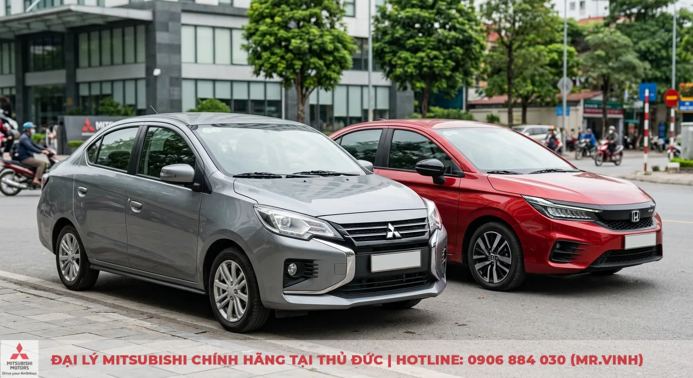 So sánh Mitsubishi Attrage và Honda City: Chọn xe nào phù hợp? 1 Mitsubishi Attrage màu xám và Honda City màu đỏ, hai mẫu sedan hạng B được so sánh tổng quan