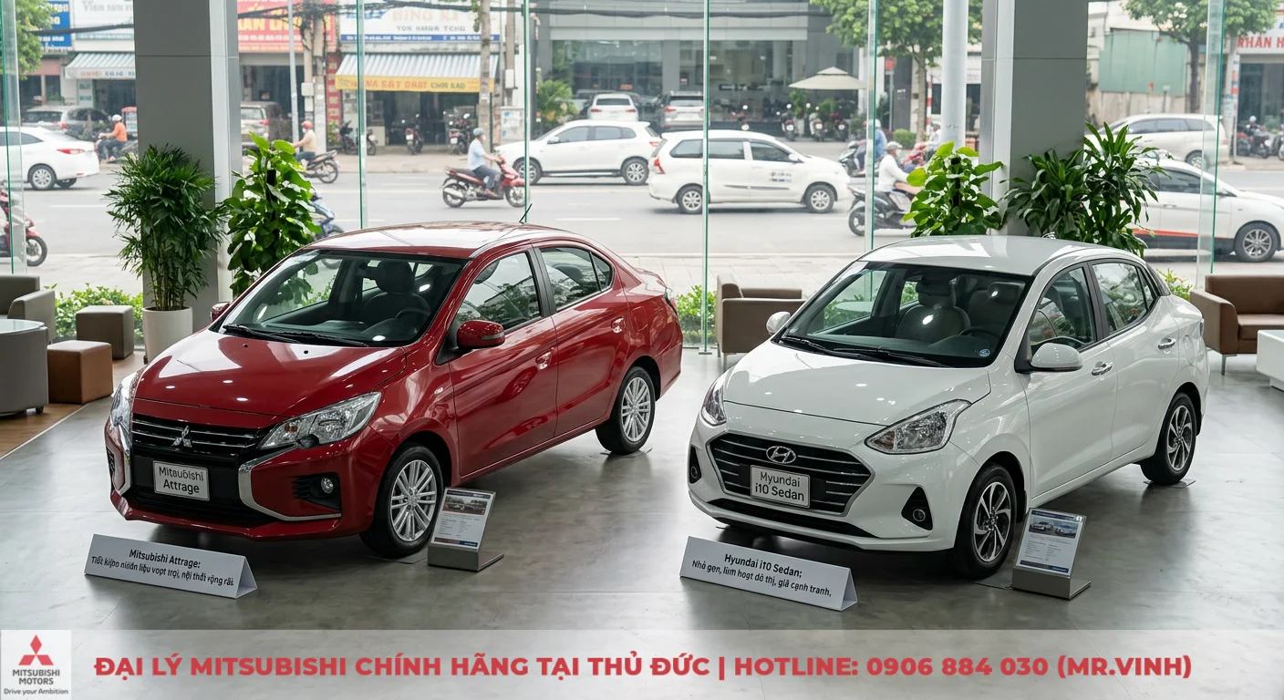 So sánh Mitsubishi Attrage và i10 Sedan: Lựa chọn nào tối ưu? 1 Mitsubishi Attrage và Hyundai i10 Sedan, hai mẫu sedan cỡ nhỏ tiện dụng và kinh tế trưng bày tại showroom