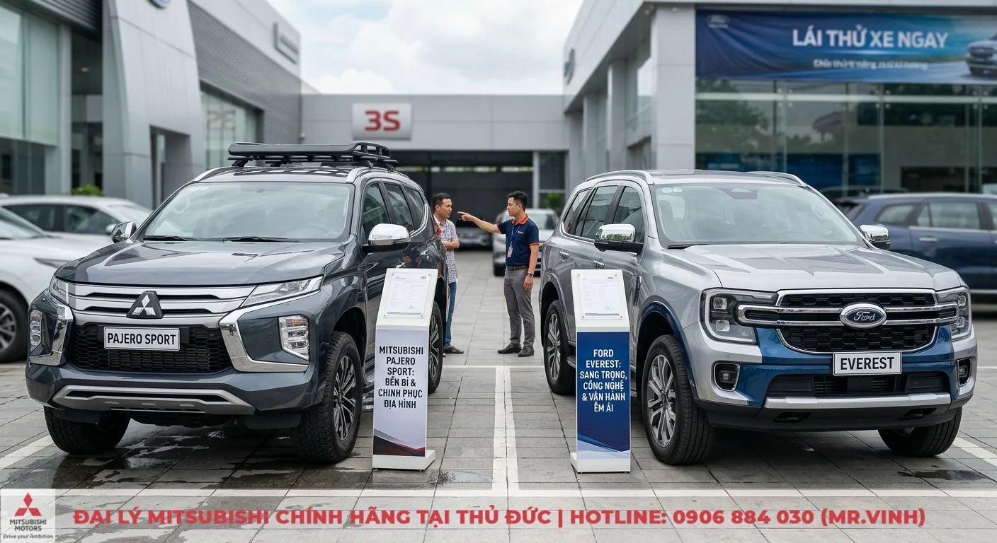 So sánh Mitsubishi Pajero Sport và Ford Everest: Đánh giá chuyên sâu 3 Lời khuyên lựa chọn Mitsubishi Pajero Sport hay Ford Everest, với hai mẫu xe trưng bày cùng bảng so sánh và tư vấn viên