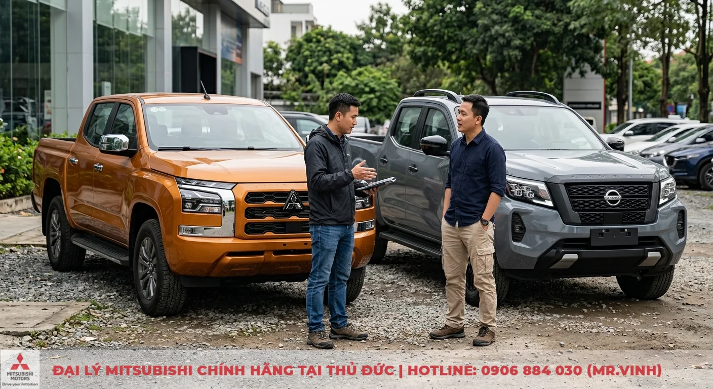 So sánh Mitsubishi Triton và Nissan Navara: Cập nhật 2026 3 So sánh Mitsubishi Triton và Nissan Navara, hai người đàn ông đang thảo luận các yếu tố ưu tiên khi chọn mua bán tải