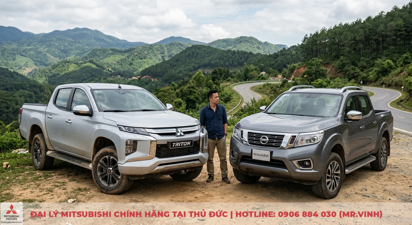 So sánh Nissan Navara và Mitsubishi Triton: Chọn bán tải nào hơn? 3 Mitsubishi Triton và Nissan Navara trên đường đèo núi, giúp người dùng lựa chọn xe bán tải phù hợp cho nhu cầu