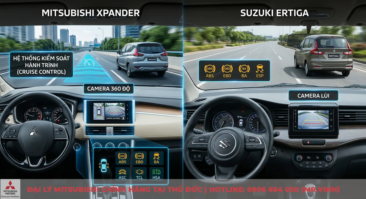 So sánh Mitsubishi Xpander và Suzuki Ertiga: Chọn MPV phù hợp? 2 So sánh an toàn và công nghệ hỗ trợ lái giữa Xpander (kiểm soát hành trình, camera 360 độ) và Ertiga (camera lùi, tính năng cơ bản)