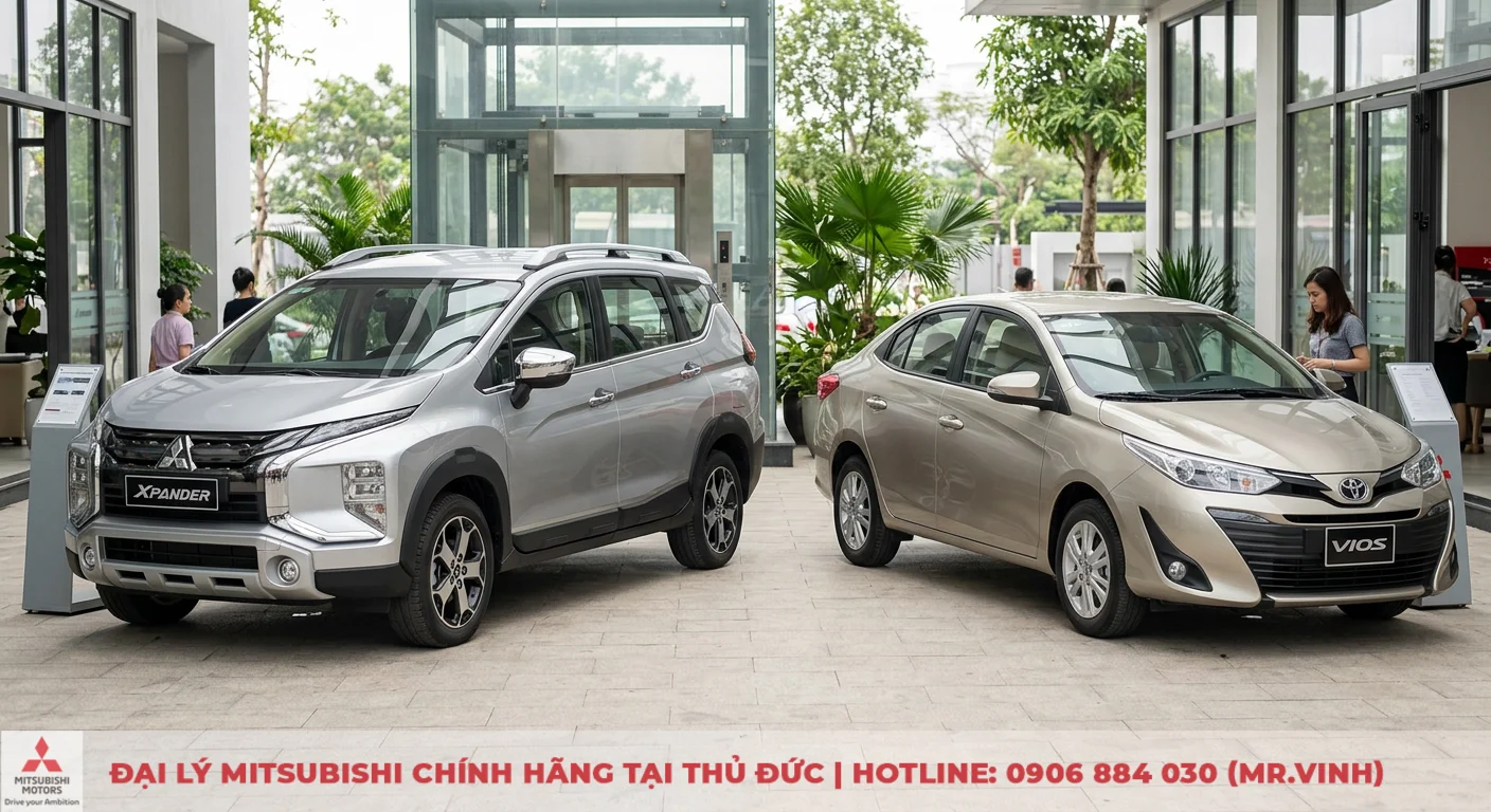 So sánh Mitsubishi Xpander và Toyota Vios: Chọn MPV hay Sedan? 1 Mitsubishi Xpander và Toyota Vios trưng bày cạnh nhau, thể hiện vị thế tiên phong trong phân khúc và đối tượng khách hàng khác biệt